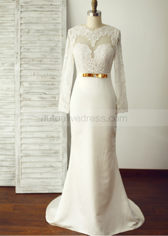 Long Sleeves Ivory Lace Satin Simple Elegant Wedding Dress